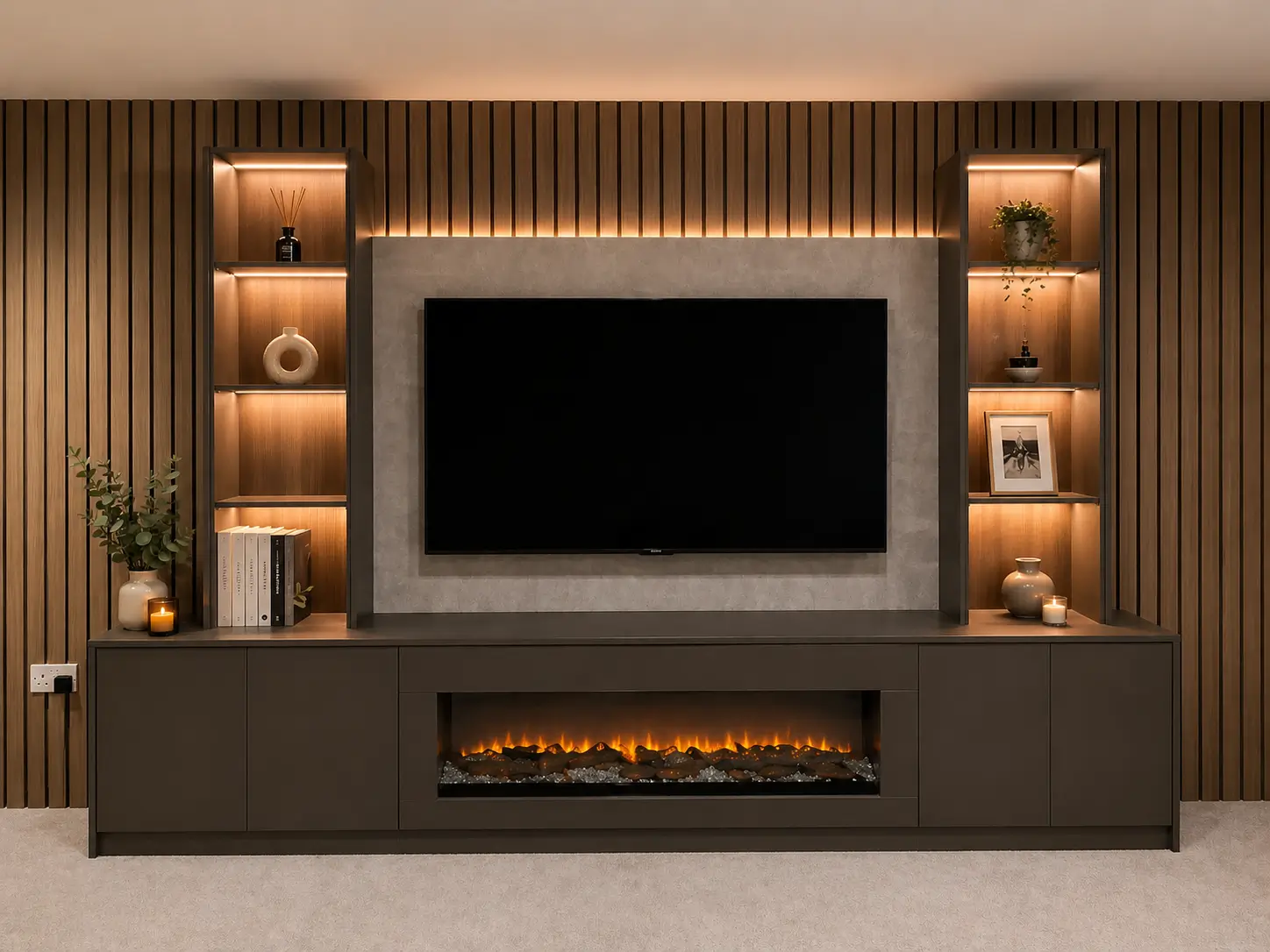 Luxury Media Wall with Slatted Panels & Fireplace